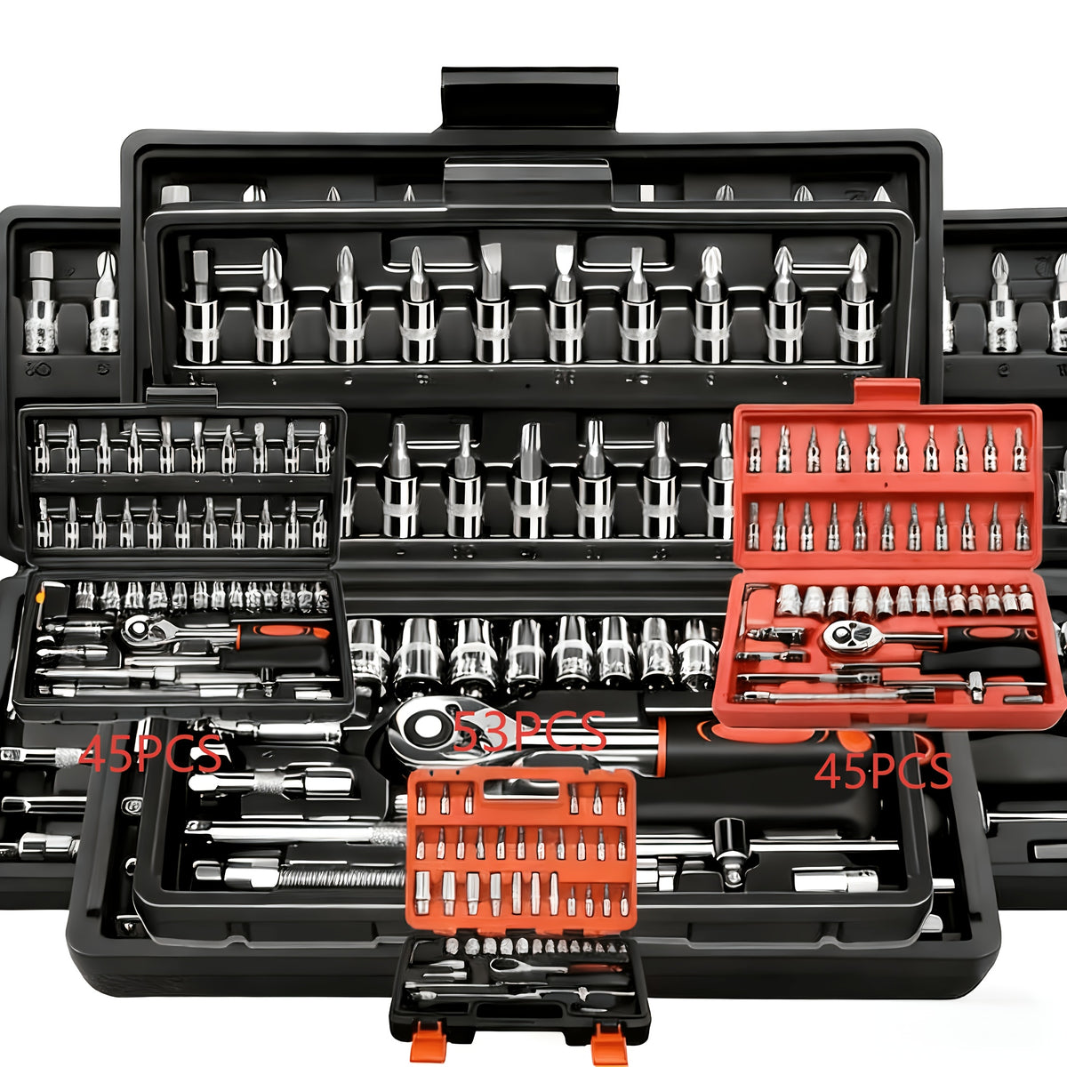 45/53pcs Tool Collection, Premium Professional Vehicle/Motorbike Repair Toolkit, 1/4 Inch Drive Deep And Standard Wrench Collection, Racing-Quality Vehicle Components Repair Ratchet Wrench And Additional Vehicle Repair Additions Toolkit