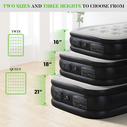 Inflatable Air Mattress with Built-In Pump 16"/18"/21" Thick – 660 LBS Capacity Double Height Blow-Up Airbed with Non-Slip Bottom, Twin & Queen Sizes for Camping, Home & Guest Use