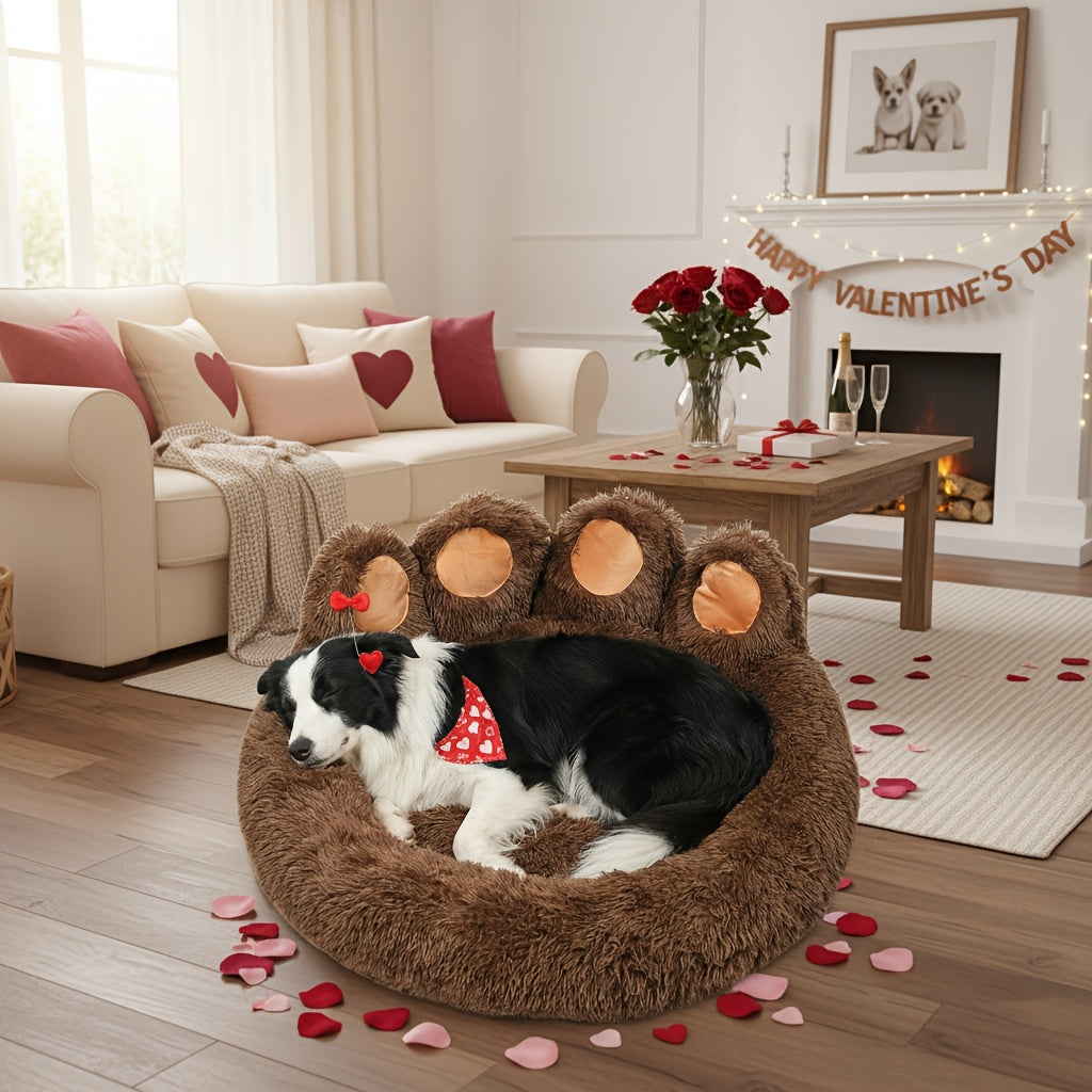 Dog Bed Cat Bed Bear Paw Shaped Donut – Calming Round Plush Pet Mattress, Warm & Soft Cuddler Bed for Dogs and Cats, Includes Pet Scarf, Sizes S to 2XL, Colors: Coffee, Pink, Grey, Brown