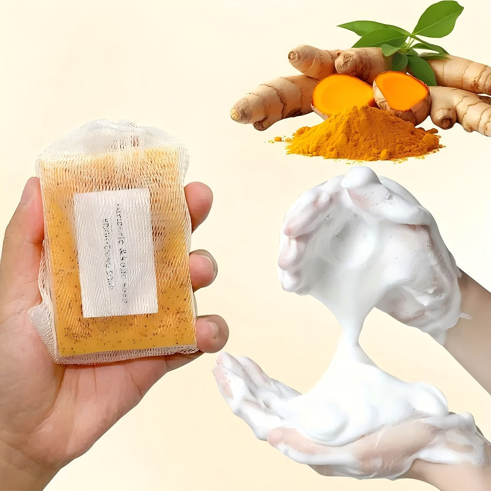 Kojic Acid Soap Set with Turmeric & Lemon – Handmade Cold-Processed Brightening Bars for Face & Body, Deep Cleansing & Hydrating, All Skin Types, Includes Foaming Net & Bath Tools
