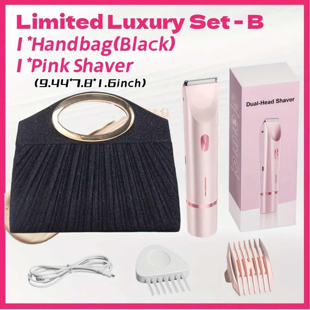 Electric Hair Trimmer for Women Dual Head IPX7 Waterproof USB Rechargeable Painless Bikini Trimmer Face Body Shaver Arms Legs Underarm Bikini Line Sensitive Skin Pink Special Edition Gift Set