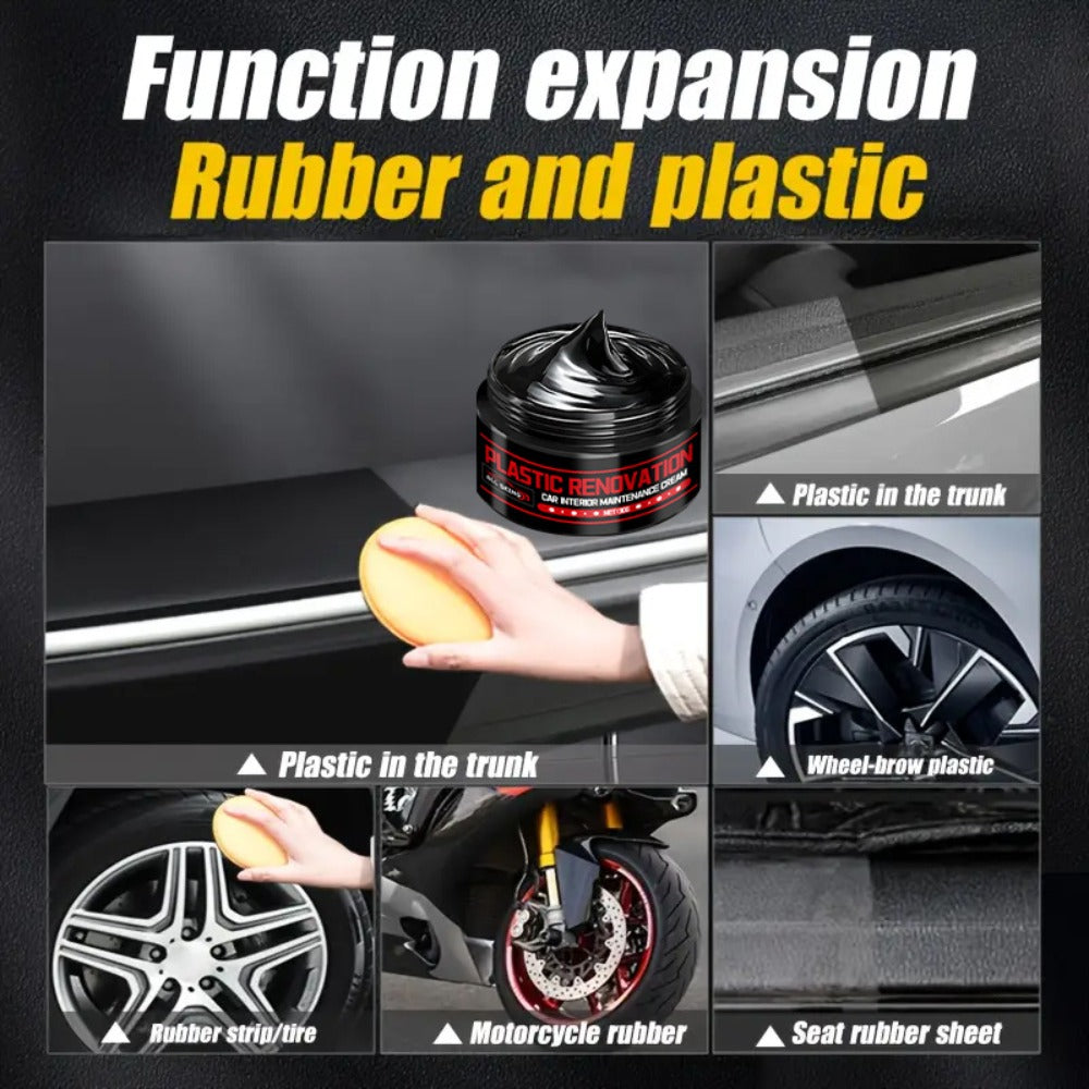 Car Plastic Restorer & Black Interior Trim Polish - Scratch Repair Paste, Anti-Aging Refurbishment Wax for Dashboard, Bumper, Tire Shine & Leather Seat Care, Works on All Car Interiors & Exteriors (30g + Sponge)