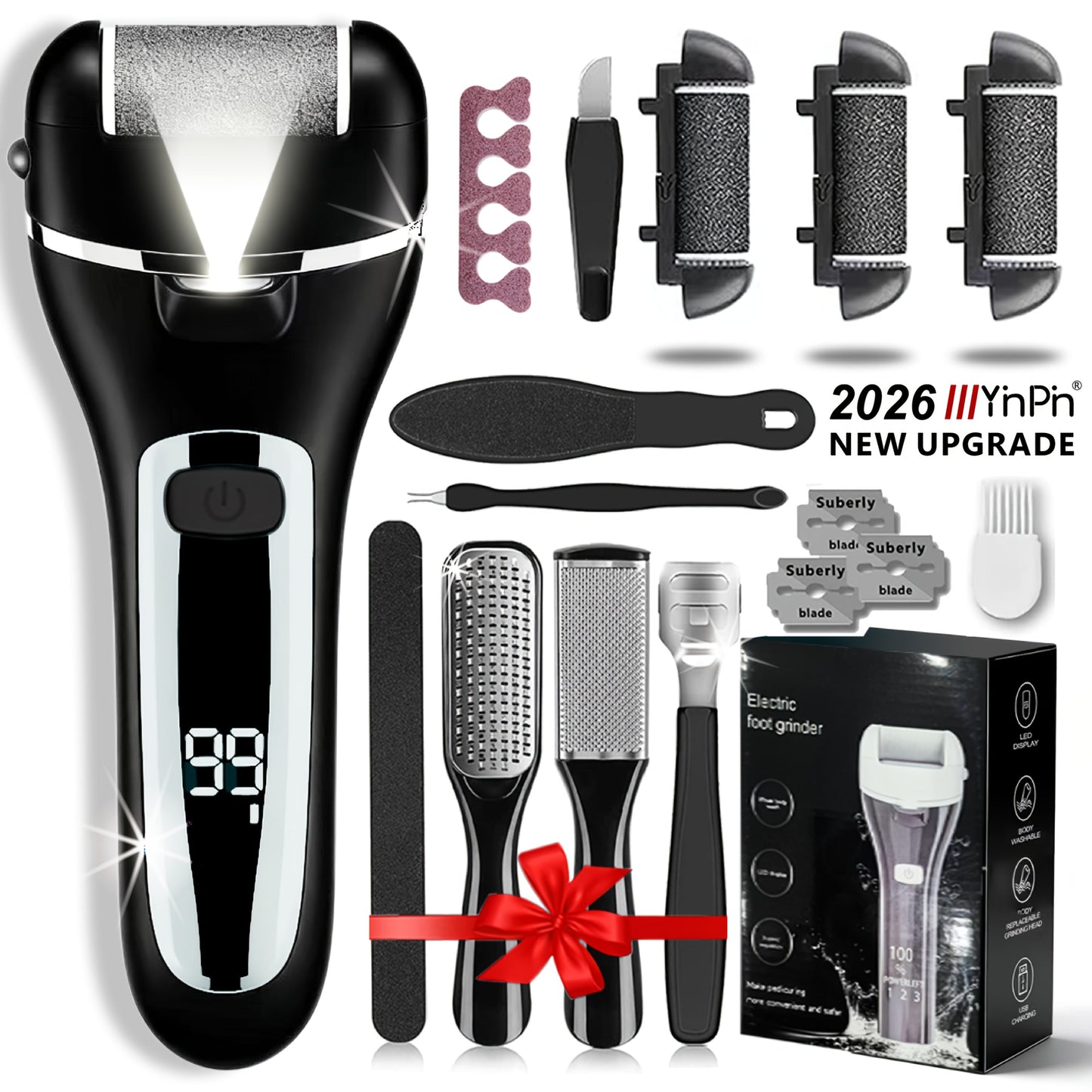 Electric Foot File 14-in-1 Rechargeable Pedicure Kit 3 Roller Heads Dead Skin Callus Remover Portable Foot Scrubber Professional Foot Care Tool for Women Men Black White Silver