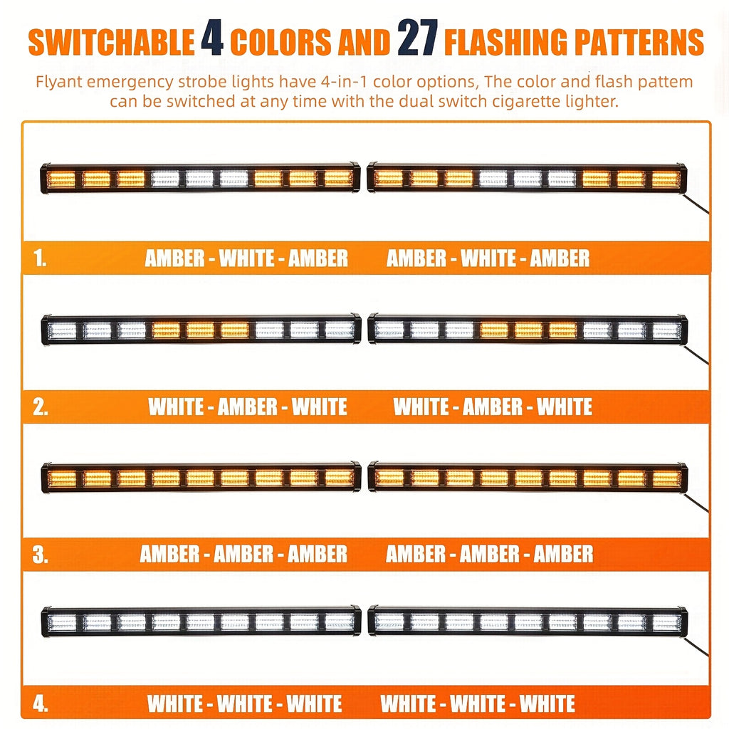 Upgrade Switchable 4 Colors Light Bar with 27 Flashing Patterns Advisor Light Bar 162 Leds Windshield 2in 1 Visor Lights with Take Down with The Dual Switch Car Plug for Trucks Construction Vehicles 12-24V
