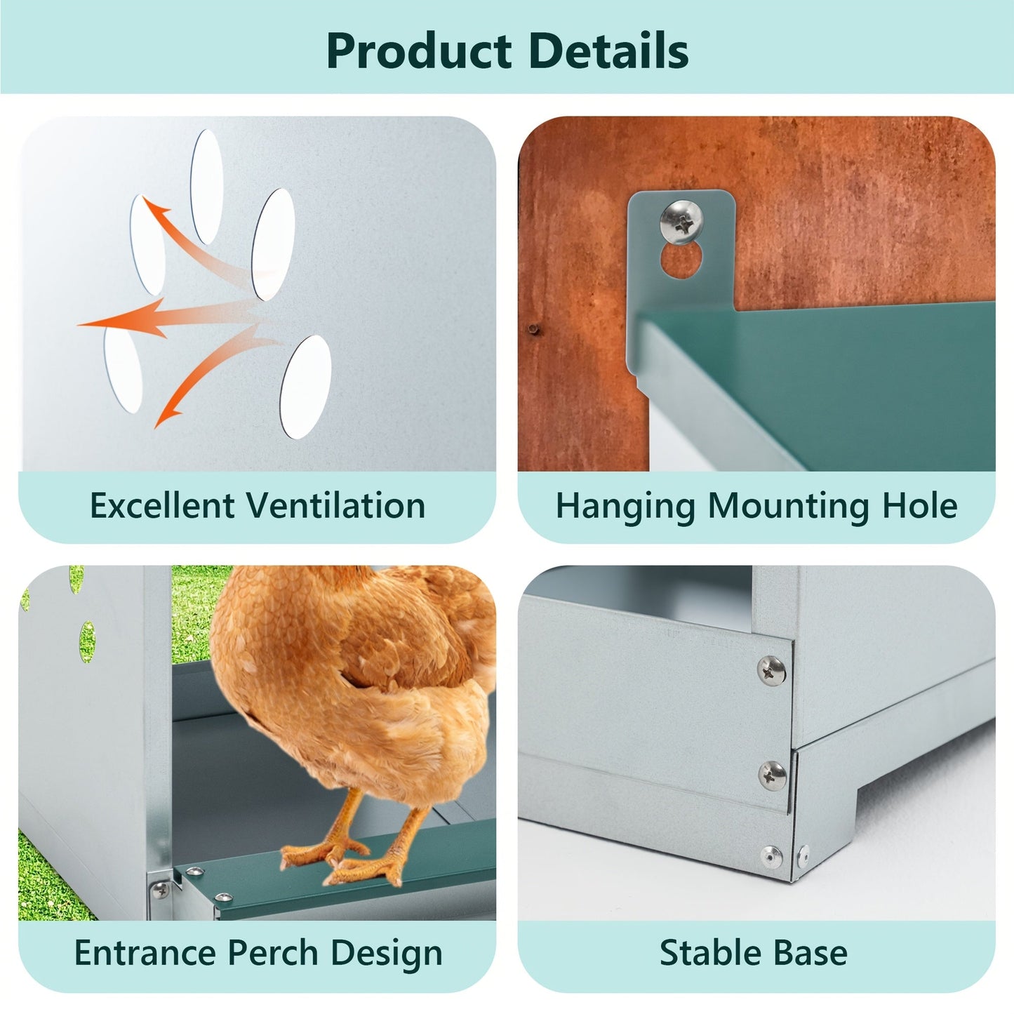 Chicken Nesting Box – Metal 4/6/8-Hole Hen Nesting Box with Ventilation & Legs, Space-Saving Galvanized Steel Egg Laying Box for Indoor Outdoor Chicken Coop