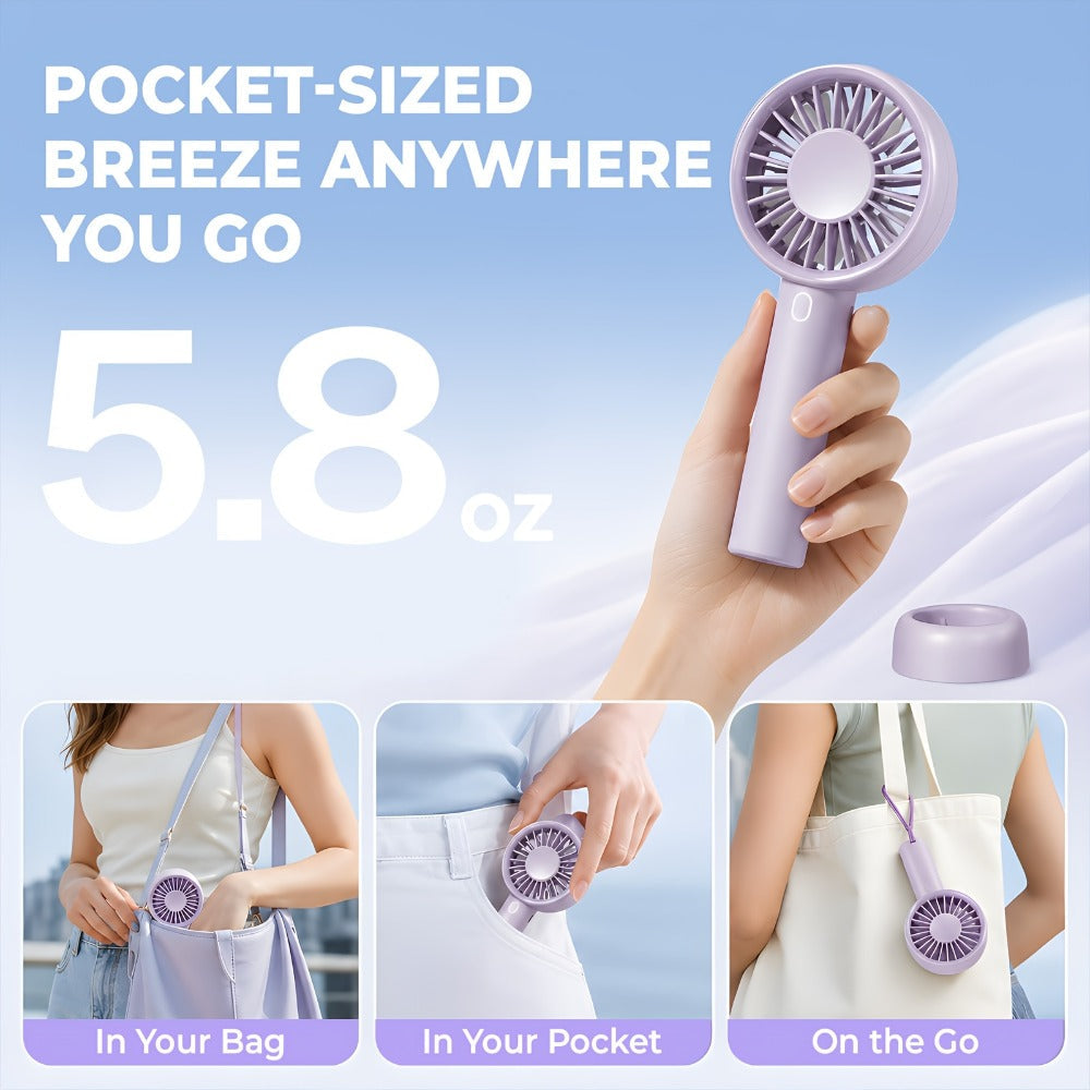 Portable Handheld Fan 16-Hour Battery Life | Air Turbo Tech 3-Speed USB Rechargeable Personal Cooling Fan for Outdoor Activities, Travel & Work – Upgraded Purple, White & Mini Light Blue