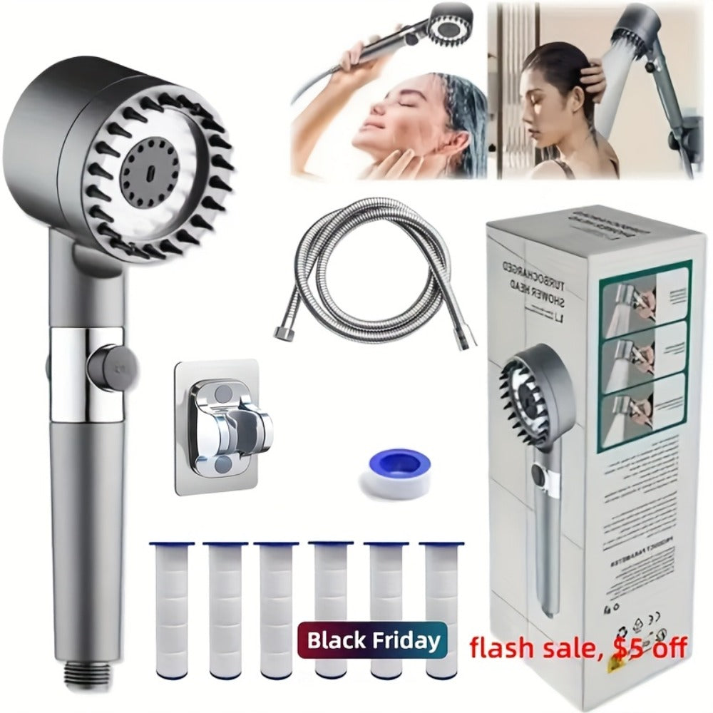High Pressure Shower Head Set 4-Piece – Turbine Spray Wall Mounted, 3-Stage Adjustable Mode, 6 Water Filters & 68" Hose, Skin-Friendly Bathroom Shower Upgrade Kit