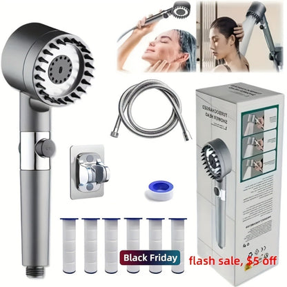 High Pressure Shower Head Set 4-Piece – Turbine Spray Wall Mounted, 3-Stage Adjustable Mode, 6 Water Filters & 68" Hose, Skin-Friendly Bathroom Shower Upgrade Kit