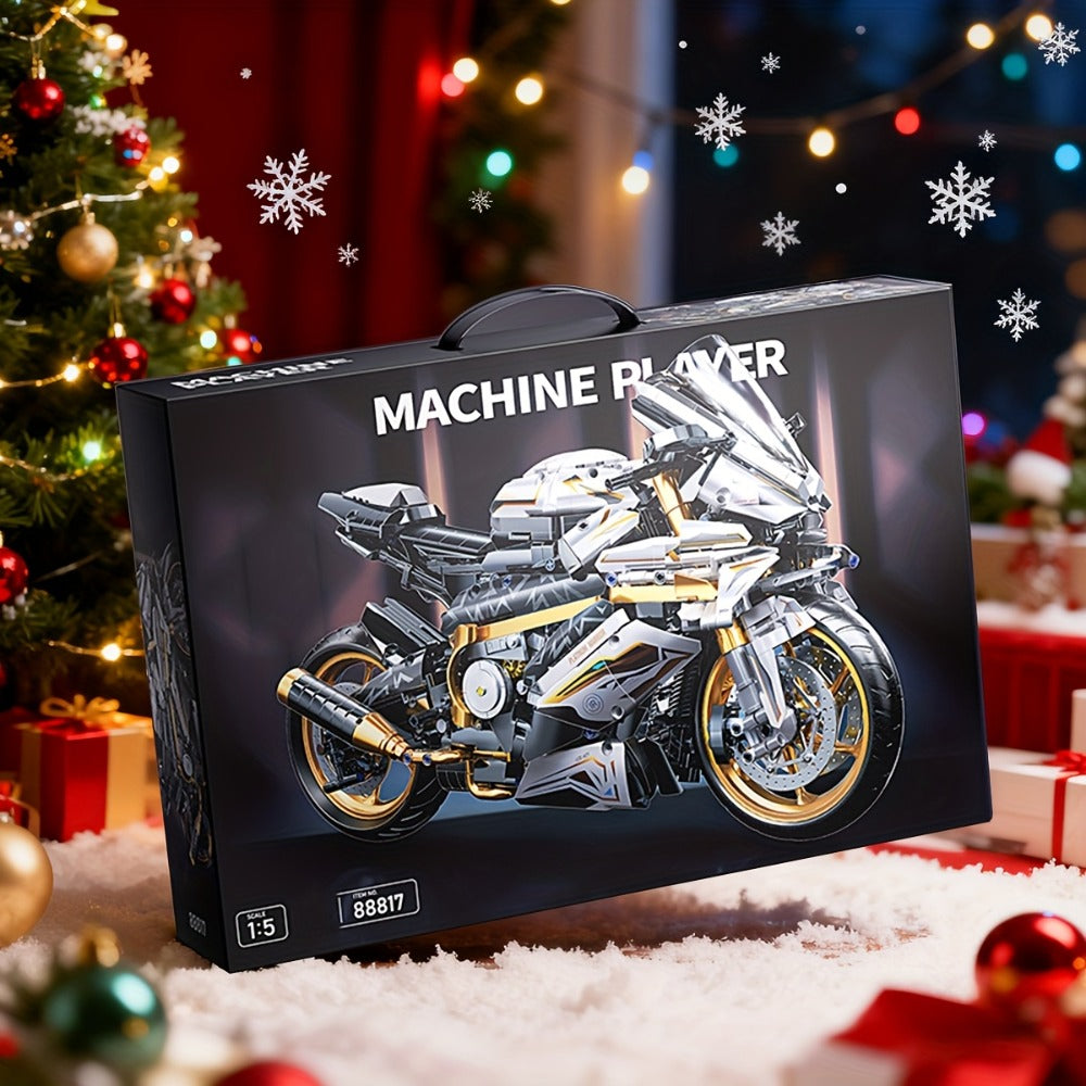 Motorcycle Building Blocks Model Kit 1:5 Scale 2000+ Pieces – Platinum Gold & White Collectible Brick Motorbike Display Set, Unique Gift for Men Adults Collectors Birthday Christmas (Premium Edition)