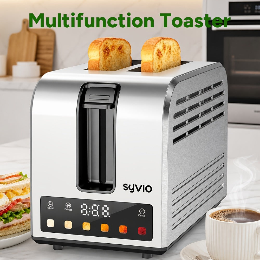 Toaster 2-Slice Stainless Steel Smart Touchscreen – 5 Bread Types, 6 Browning Levels, Wide Slots, Temperature Control, Removable Crumb Tray, Compact Kitchen Toaster