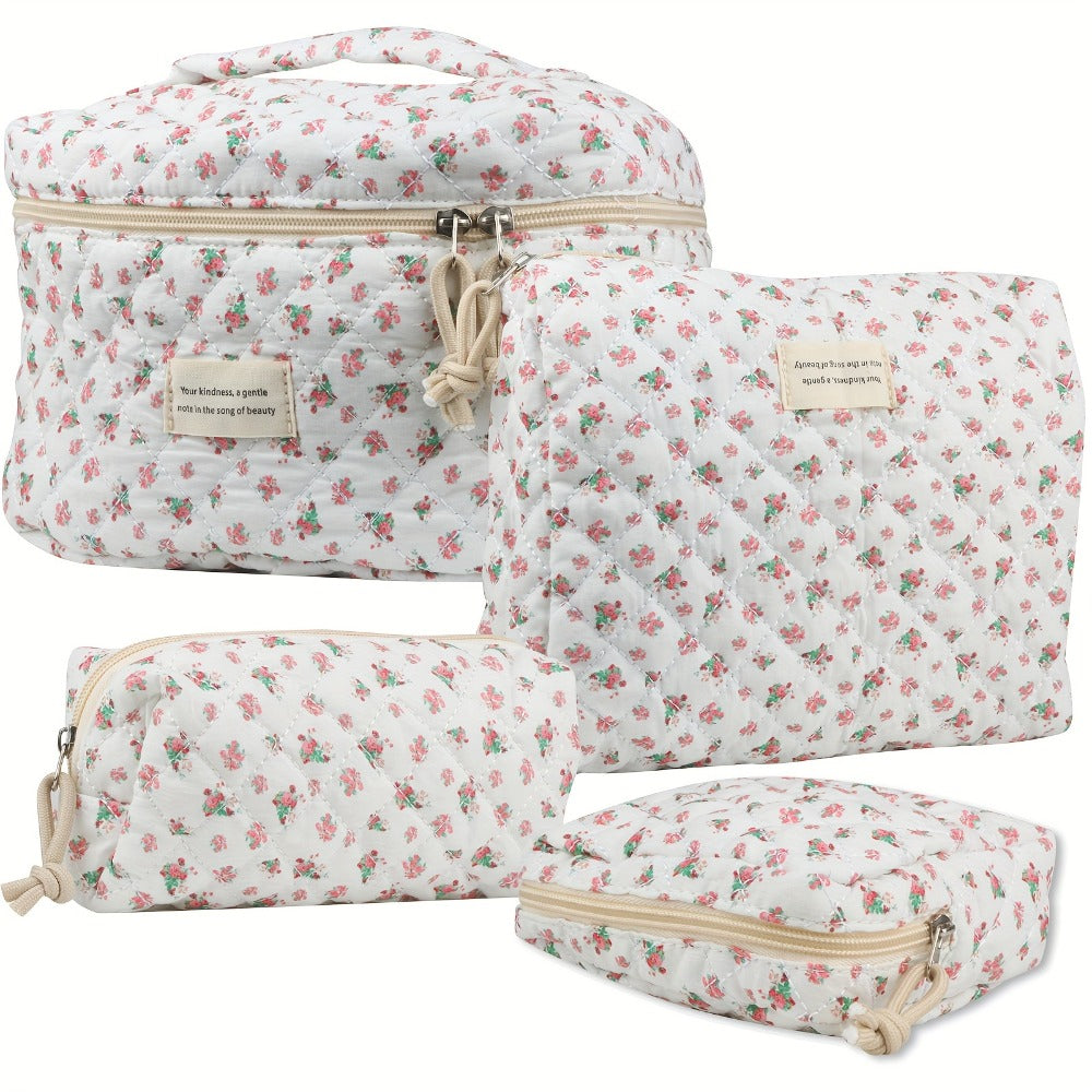 Quilted Makeup Bag Set 4-Piece Floral Rose Coquette Aesthetic Premium Cotton Cosmetic Organizer Travel Toiletry Pouch 4 Sizes for Women Girls Vanity Bathroom Gift