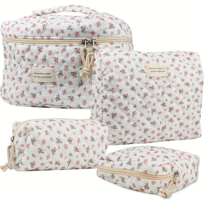 Quilted Makeup Bag Set 4-Piece Floral Rose Coquette Aesthetic Premium Cotton Cosmetic Organizer Travel Toiletry Pouch 4 Sizes for Women Girls Vanity Bathroom Gift