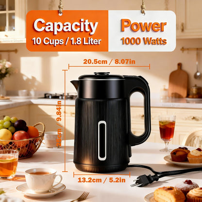 Electric Kettle 1000W Double Wall Stainless Steel – 57.48oz 304 SS Hot Water Kettle with 360° Rotary Base, LED Light, Auto Shut-Off & Boil-Dry Protection, Instant Water Warmer for Coffee & Tea – Black