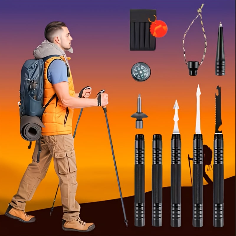 Tactical Trekking Pole Adjustable Hiking Stick | Titanium Alloy with Built-In Compass Canvas Storage Pouch & Combination Lock | Multi-Function Outdoor Hiking Camping Survival Gear Gift Black