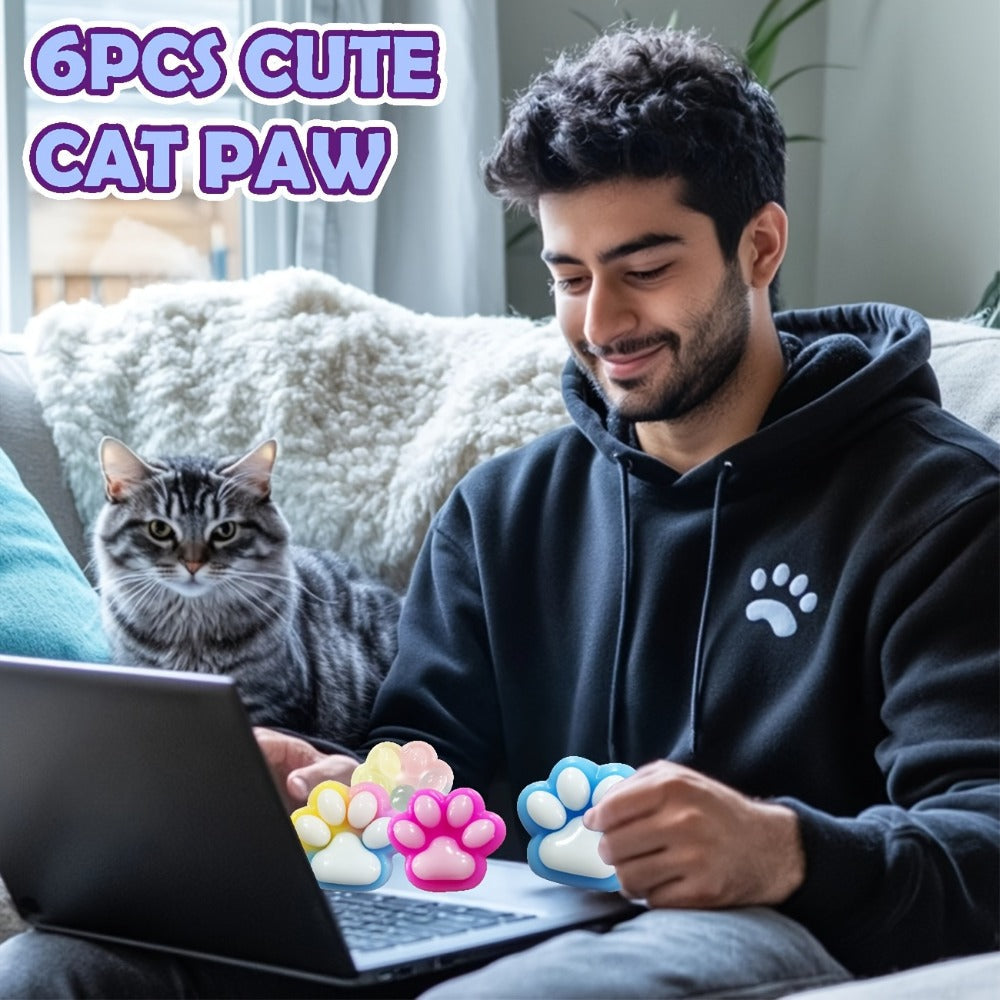 Cat Paw Squishy Fidget Toy 6pcs – Colorful Taba Fufu Squeeze Paw Handmade Soft Sticky Sensory Toys for Kids & Adults, Party Favor Pack for Christmas Easter Halloween Valentine's Day
