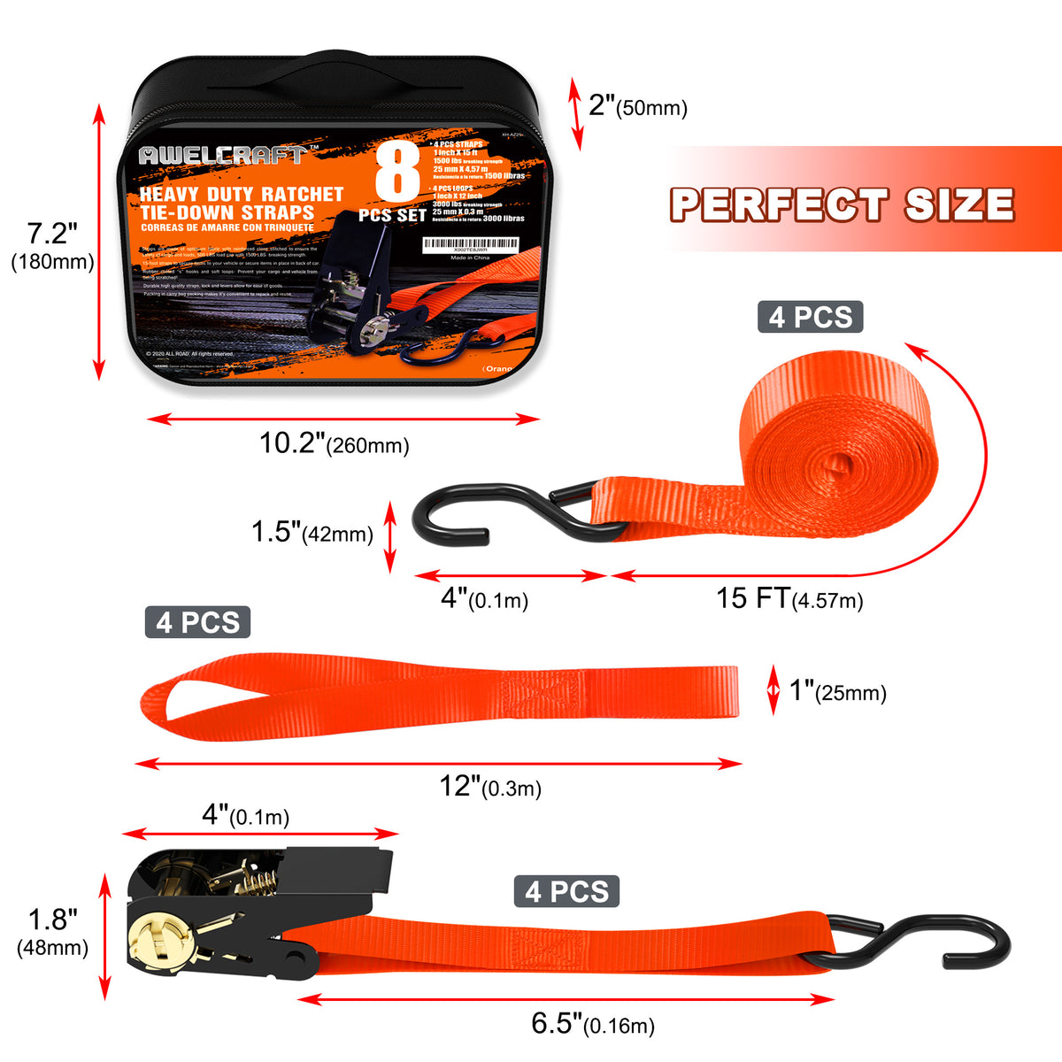 4-Pack Ratchet Tie Down Straps with 4 Soft Loops – 15FT, 1500 lbs Breaking Strength, Heavy Duty for Moving, Motorcycle, Lawn Gear, Multi-Color (Orange, Blue, Camo, Green, Red, Yellow)