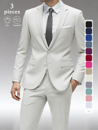 Men's Three-Piece Formal Suit - Slim Fit Solid Color