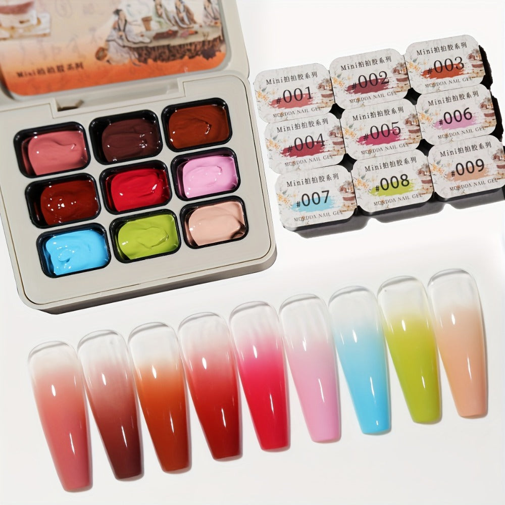 Gel Nail Polish Set 9 Colors Autumn Winter Gradient Collection – Firm Pat Glue Soak Off UV LED Gel Polish for Ombre Nail Art, Salon & DIY Home Manicure, Nine-Grid Compact Tray