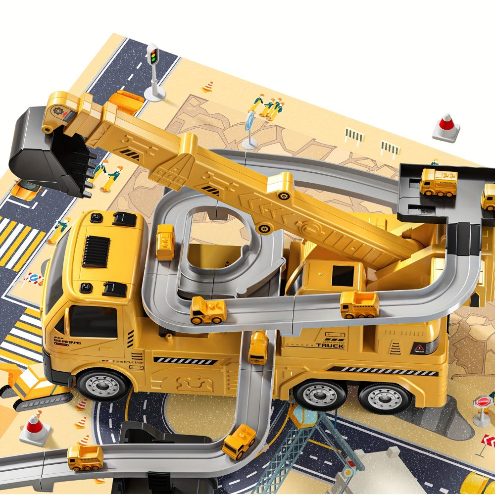 3-in-1 Crane Excavator & Racing Track Toy Set for Kids Ages 3+ – Construction Vehicle Playset with Lights & Sounds, 8 Cars Included, STEM Birthday Christmas Gift for Boys Toddlers