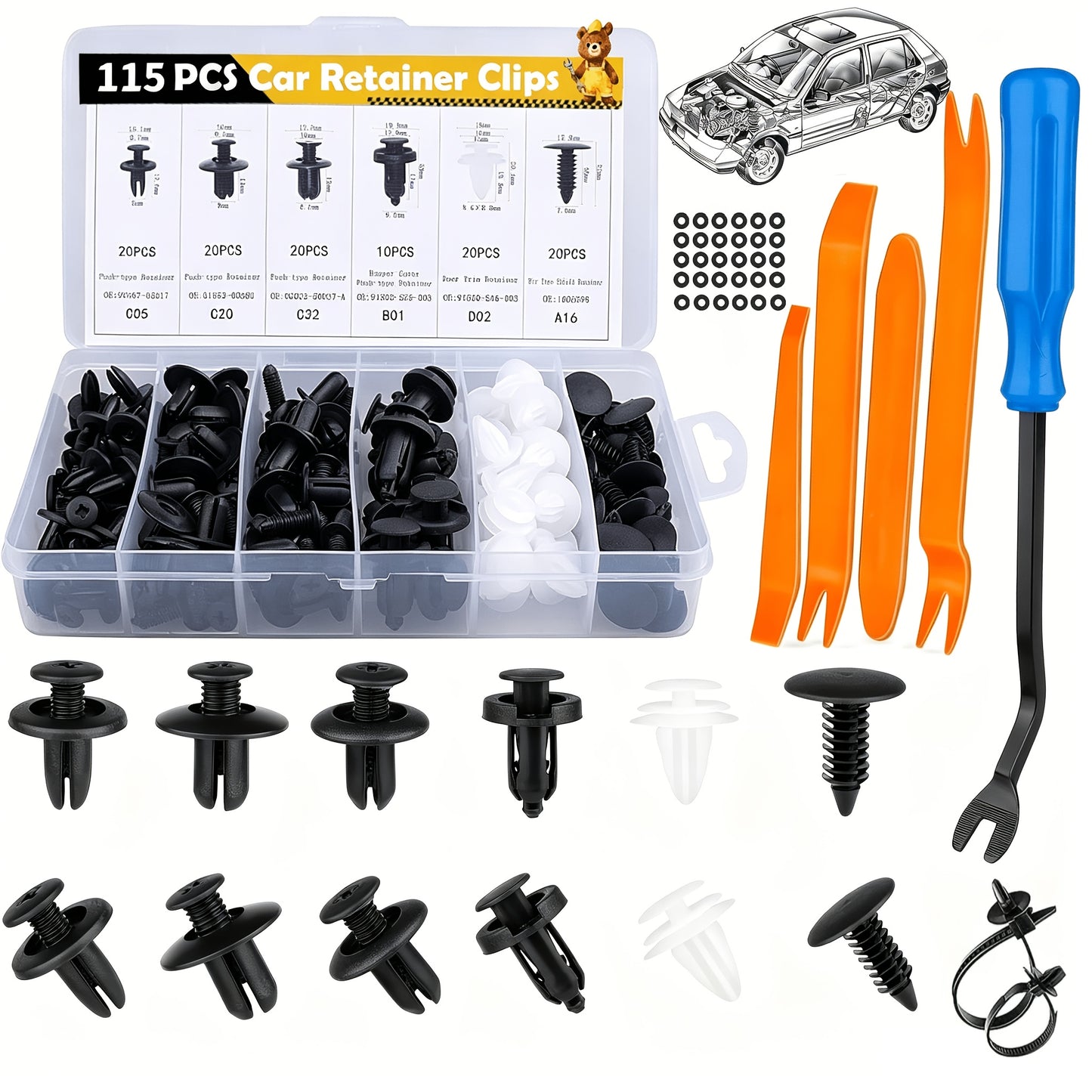 115/635/640/1290pcs Car Push Retainer Clips - 16 Sizes Nylon Bumper Fender Plastic Rivets Automotive Clips Auto Fasteners With 10 Cable Ties And Fasteners Remover Replacement