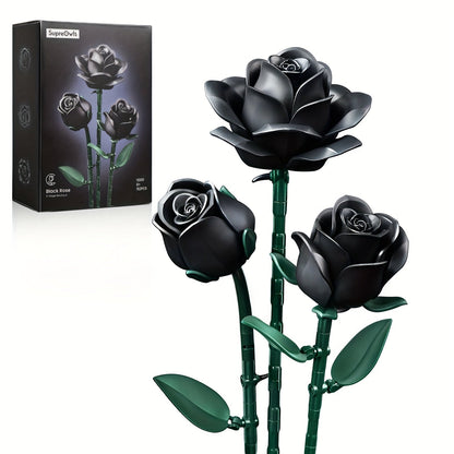 Black Rose Building Blocks Set 152 Pieces – 3 Gothic Artificial Flower Bouquet Brick Model Kit for Adults Teens, Unique Display Decor Gift for Valentine Birthday Anniversary Halloween Christmas
