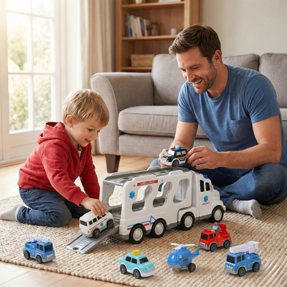 7-in-1 Kids Car Toy Set 7pcs with Playmat – Large Vehicle + 6 Mini Cars Ambulance Police Fire Truck Engineering – Birthday Halloween Christmas Gift for Boys Girls
