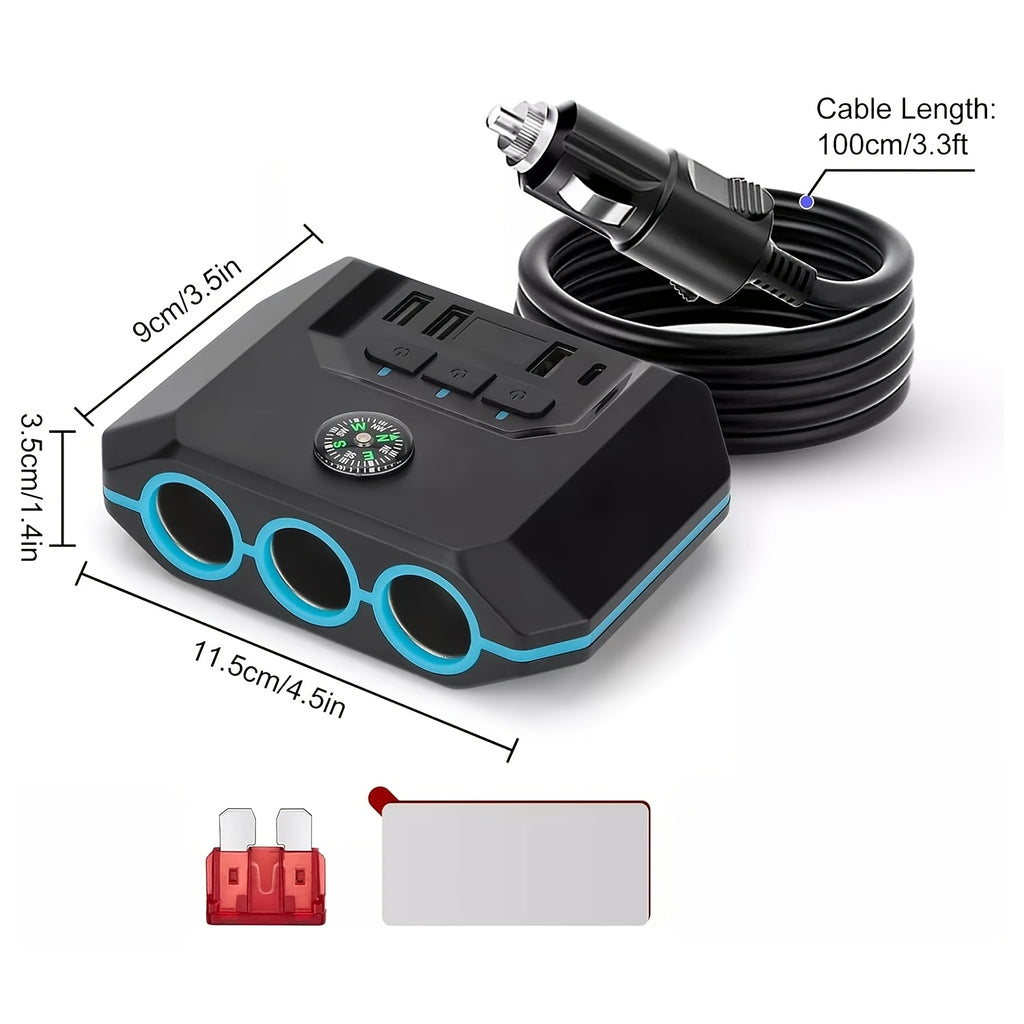 7-in-1 120W Car Charger Adapter, 3-Socket Auto Power Outlet Splitter with Built-In Compass, Type-C PD & 3 USB Fast Charging Ports, Real-Time LED Voltmeter, Independent Switches for 12V-24V Vehicles By AXVIV
