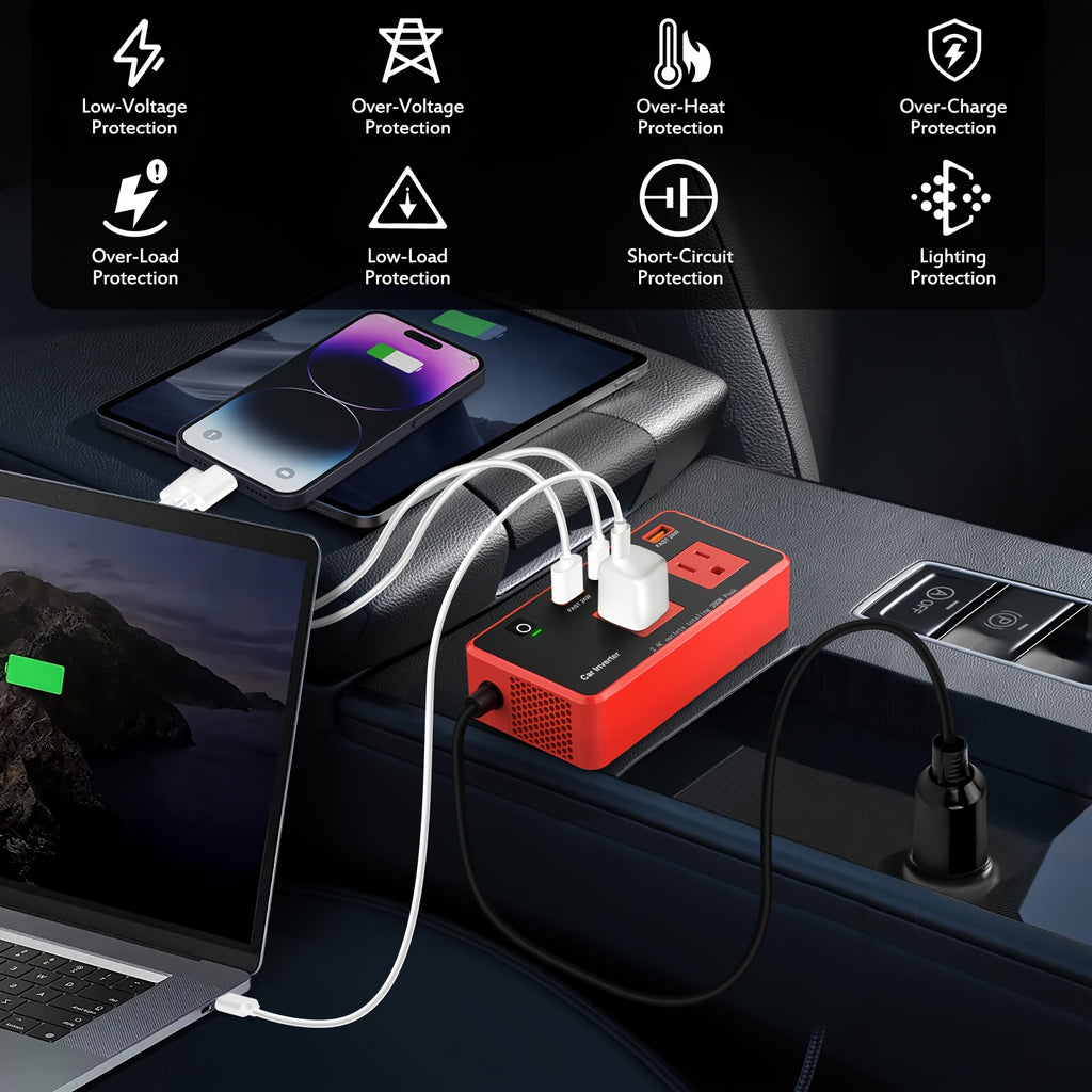 Car Power Inverter 200W, 12V DC to 110V AC Converter Car Outlet Adapter Outlet Fast Car Charger 4 USB Ports 24W [PD & QC 3.0 USB C USB A] Type C Vehicle Power Supply Car Plug Outlet for Road Trips, Camping, Without Battery