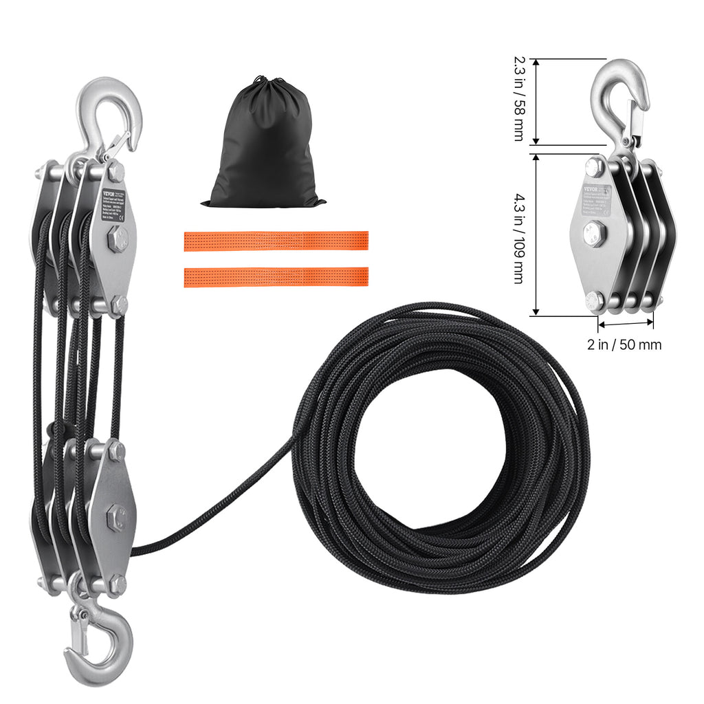 VEVOR 4400 lbs Rope Hoist Pulley System Block and Tackle 5:1 Lifting Ratio 100 ft Rope