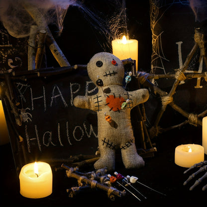 Voodoo Doll Set with 7 Skull Pins – 8-Piece Horror Ghost Doll Kit, Soft Revenge Stress Relief Creepy Doll Pin Holder for Adults (Flaxen)