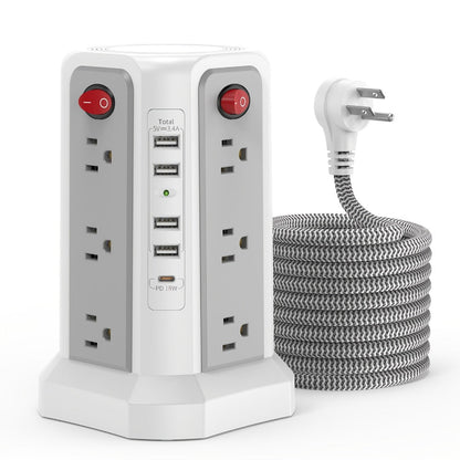 Power Strip Tower Surge Protector 16 AC Outlets 5 USB Ports PD20W USB-C Fast Charging Flat Plug Extension Cord 1500J Overload Protection Desktop Charging Station for Home Office Dorm