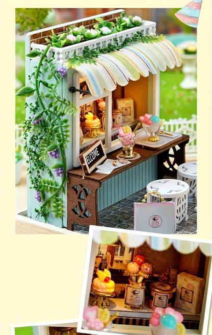 DIY Wooden Tiny House Kit with Dust Cover – Handmade Miniature Dollhouse Puzzle, 3 Themes Afternoon Tea Rotating Food House Moon Magic, Creative Home Decor Gift for Adults & Teens Birthday Christmas