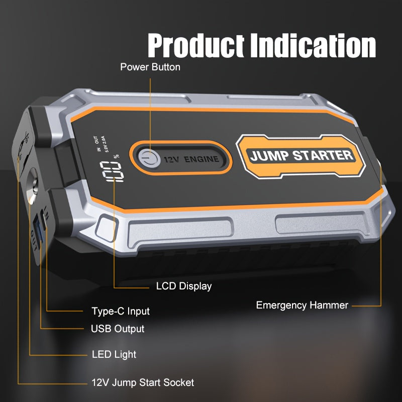 Car Jump Starter, 6000A Portable Battery Jumper Starter Pack For 2.64gal Gas 1.59gal Diesel Engines, 12V Car Battery Booster Box With LCD Display, LED Flashlight, USB Charger Power Bank