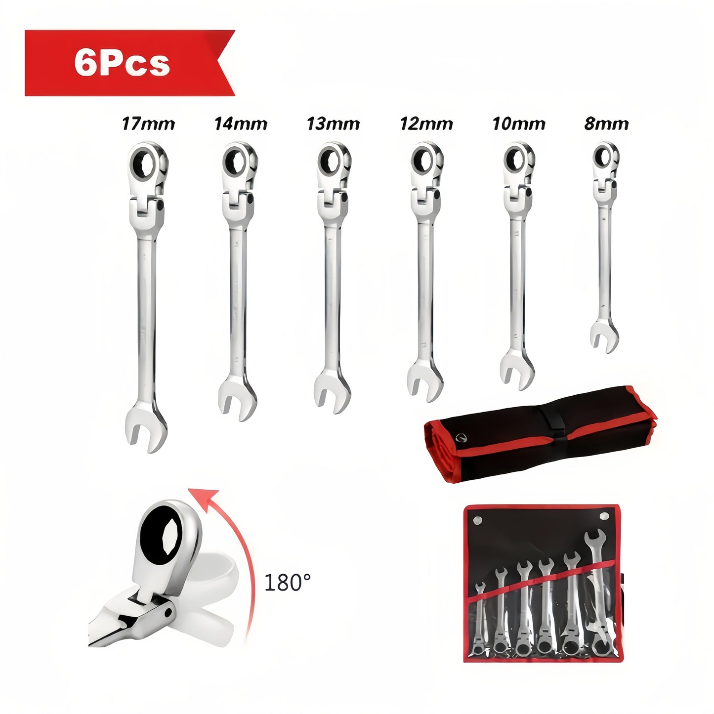 Ratchet Wrench Set 6-Piece Double-Ended Quick Release – Metric 8-17mm, 72-Tooth, Adjustable Combination Wrench Kit with Storage Bag for Home, Car & Mechanical Use