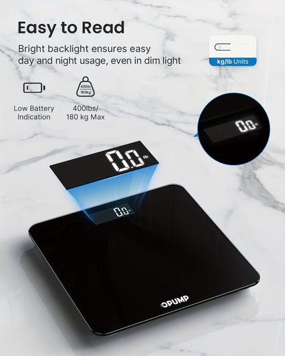 OPUMP Bathroom Scale 400lb – Highly Accurate Digital Body Weight Scale with Backlit LED Display, Batteries Included, Measures up to 400lb/180kg, Multiple Colors – Black Marble, Bronze, Sapphire & More