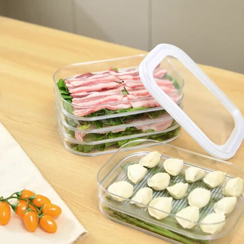 Stackable Refrigerator Organizer Containers 4-Tier with Lids – Meat Preservation Box, Food Storage for Vegetables, Fruits & Cooked Meats, Fridge Organization Set