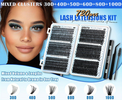 Complete 720-Piece Handmade Cluster Lash Kit with Glue & Tweezers — 30D to 100D, 6 Styles & Lengths, Lightweight No-Irritation Formula for Natural & Volume DIY Eyelash Extensions