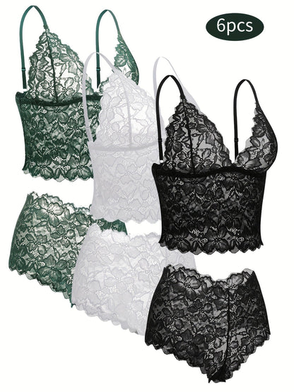 6-Pack Women's Bra and Panty Lingerie Set - Floral Lace Coordinated Style