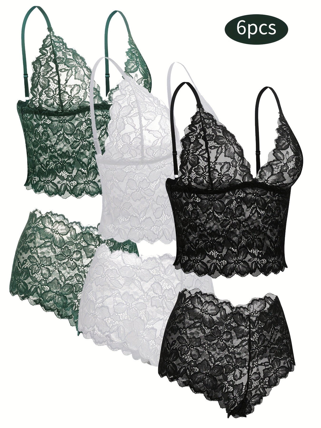 6-Pack Women's Bra and Panty Lingerie Set - Floral Lace Coordinated Style