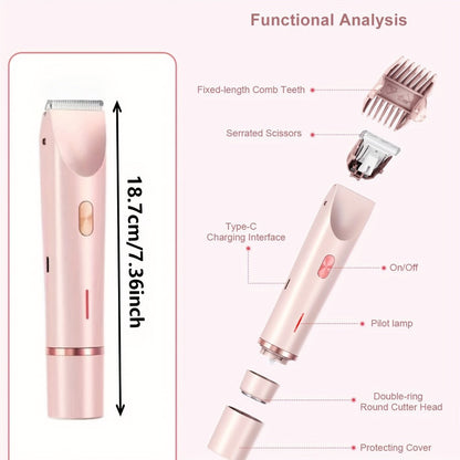 Electric Hair Removal Shaver Women 2-in-1 Dual Head USB Rechargeable - Stainless Steel Blades Cordless Epilator for Face Legs Bikini Line Underarms Intimate Areas - Pink Purple Blue