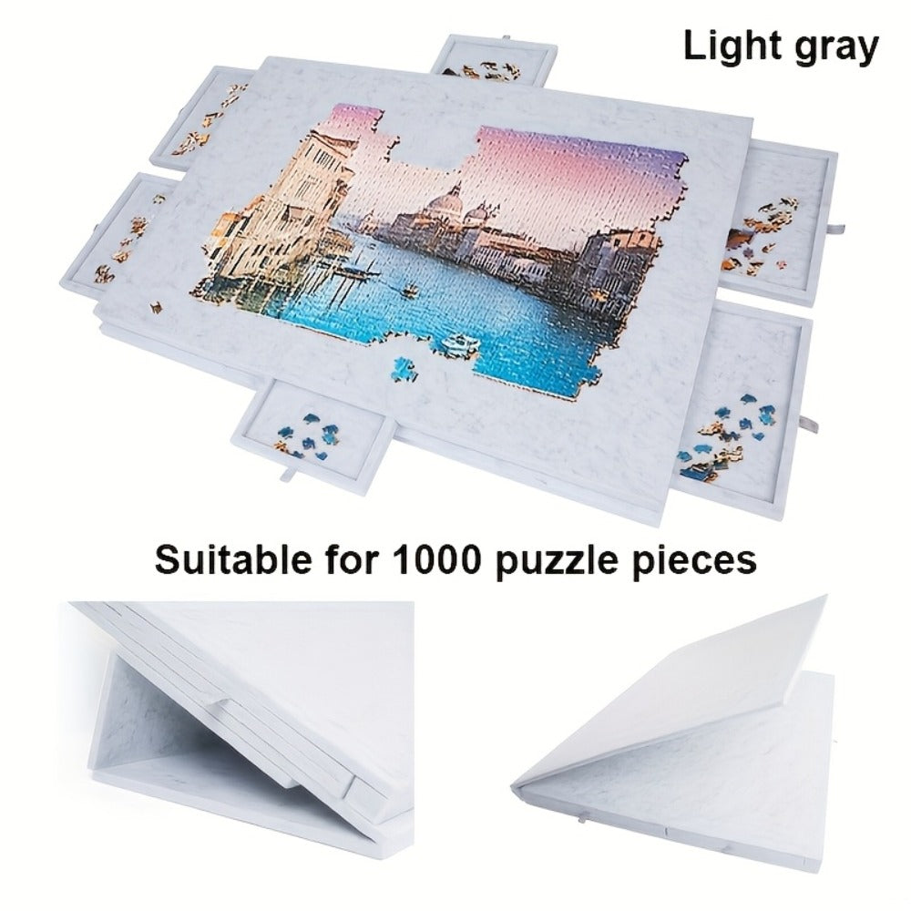 Large Puzzle Board for 1000 Piece Puzzles with 6-Drawer Sorting System – Foldable Jigsaw Table with Built-In Stand, Protective Cover & Tile Storage, Portable Puzzle Workstation for Adults (Gray / Light Gray)