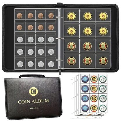Coin Collection Book with Zipper & Handle 200/320 Pockets – 10/20 Page Coin Storage Album for Currency & Commemorative Coins, Fits 20/25/27/30mm Coins, Black & Blue