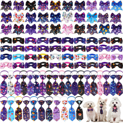 Dog Bow Tie Set 100pcs Adjustable Pet Collar Accessories Include 40 Dog Bowties 30 Neckties 30 Collar Flowers for Small Medium Dogs Cats, Planet Pattern Pet Grooming Accessories Bulk Pack