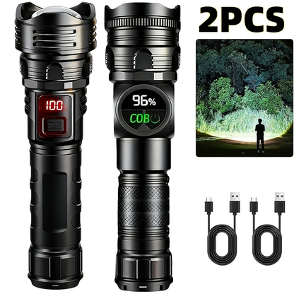 High Lumen Tactical Flashlight 2-Pack – COB Side Light, USB Fast Charging, Zoomable, Multiple Modes for Camping, Cycling, Fishing, Emergency & Outdoor Exploration