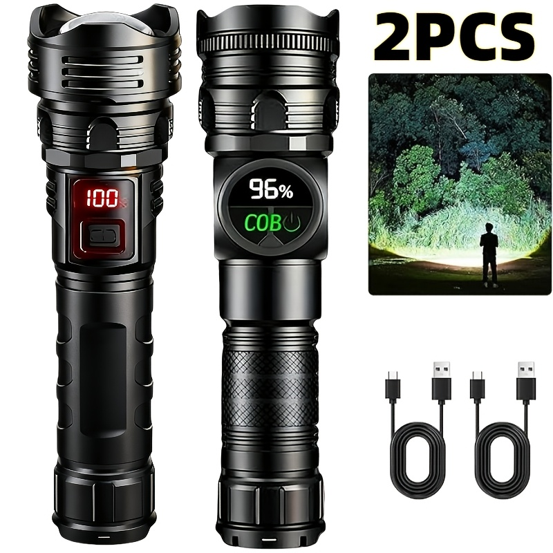 High Lumen Tactical Flashlight 2-Pack – COB Side Light, USB Fast Charging, Zoomable, Multiple Modes for Camping, Cycling, Fishing, Emergency & Outdoor Exploration