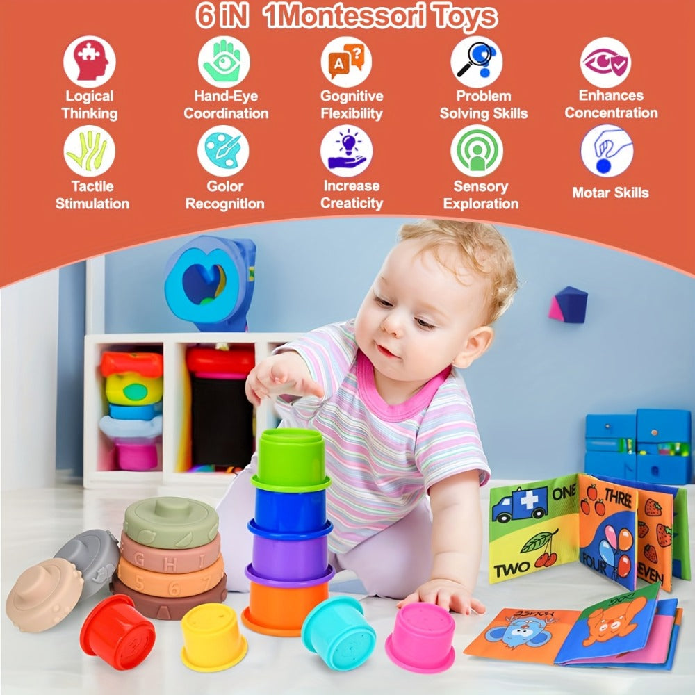 Sensory Stacking Toy Set 3-in-1 for Toddlers & Babies – Hand-Eye Coordination & Fine Motor Skills Activity Kit with Soft Cloth Book, Spinning Top & Stacking Cups, Birthday Easter Baby Shower Gift