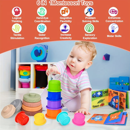 Sensory Stacking Toy Set 3-in-1 for Toddlers & Babies – Hand-Eye Coordination & Fine Motor Skills Activity Kit with Soft Cloth Book, Spinning Top & Stacking Cups, Birthday Easter Baby Shower Gift