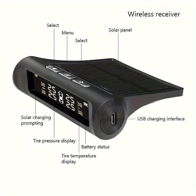 SCBLAZE Solar Power Car Tire Pressure Monitor TPMS, Auto Security Alarm System, 6 Modes Auto Alarm Real-Time Pressure Tracking, Host Only Receives, Tyre Pressure Sensor Kit