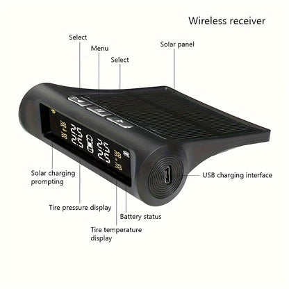 SCBLAZE Solar Power Car Tire Pressure Monitor TPMS, Auto Security Alarm System, 6 Modes Auto Alarm Real-Time Pressure Tracking, Host Only Receives, Tyre Pressure Sensor Kit