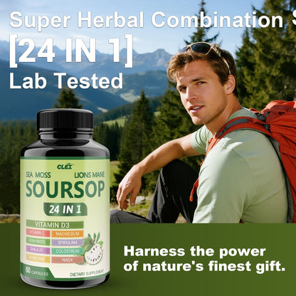Soursop Graviola Capsules 24-in-1 Formula 60 Count – Lab Tested Gut Health Digestion Antioxidant Immune Support Daily Wellness Supplement for Men & Women